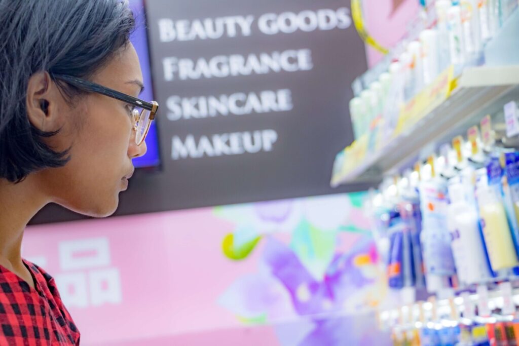 Buying cosmetics in a Japanese shop.